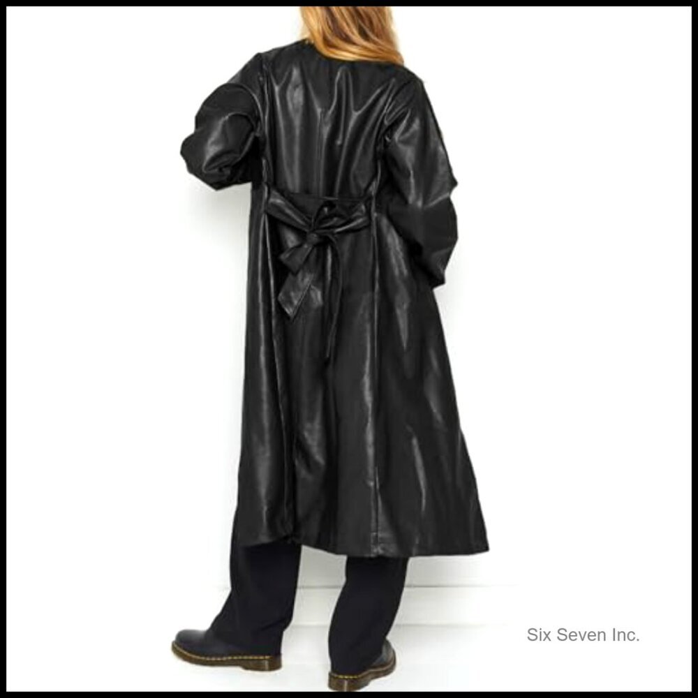 Slim Fit Faux Leather Trench Coat, Button Closure, Long Sleeve Ankle Length - Picture 3 of 5